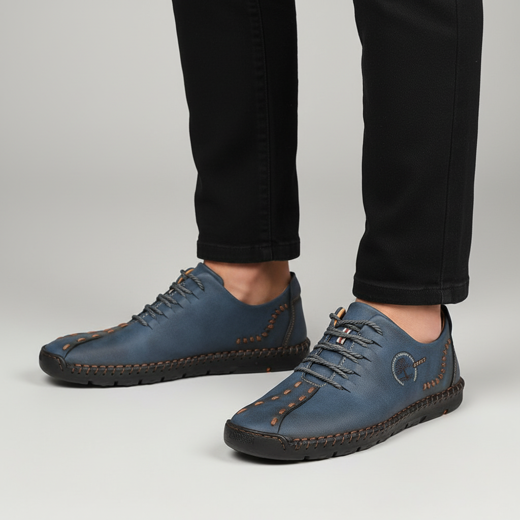Men's orthopedic leather comfort sneakers in brown, offering ergonomic support for walking.