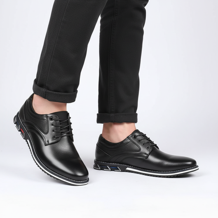 Orthopedic men's formal shoes, black leather lace-up with comfort features & breathable lining