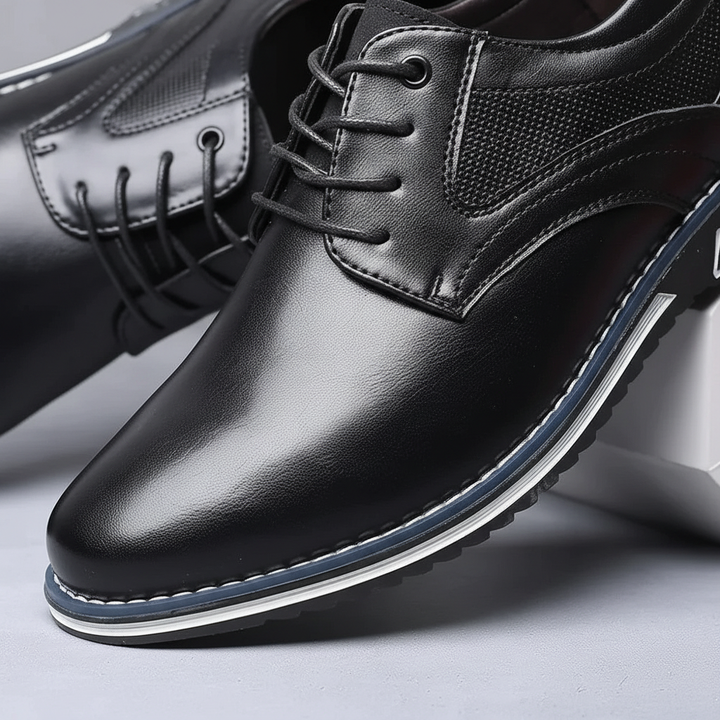 Close-up of men's leather lace-up comfort shoes, black, showcasing memory foam and orthopedic support