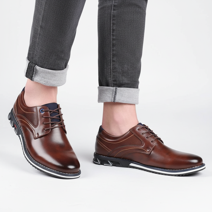 Breathable orthopedic men's shoes, black leather lace-up, designed for comfort and slip resistance
