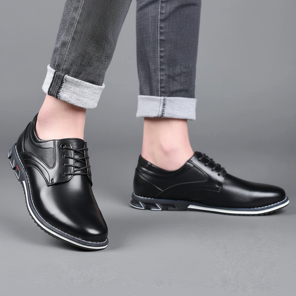 Stylish men's orthopedic leather lace-up shoes, black, offering comfort, memory foam, and breathability