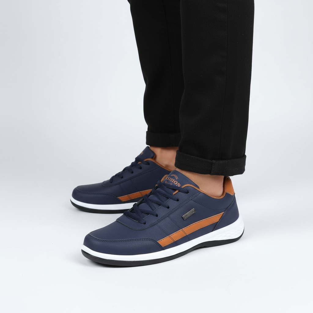 Pair of men's comfort athletic shoes with arch support and slip-resistant sole.