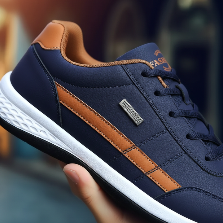 Close-up of the PU leather upper on men's orthopedic walking shoes.