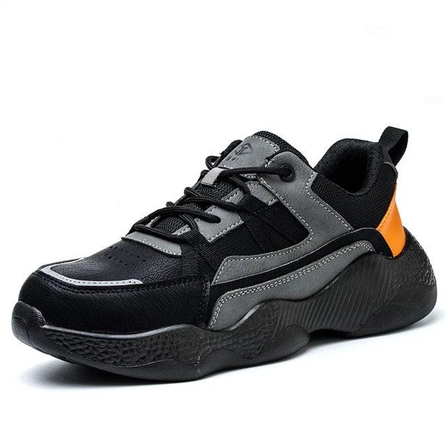 Electrician safety work sneakers for men with anti-slip, puncture resistance, and steel toe protection.