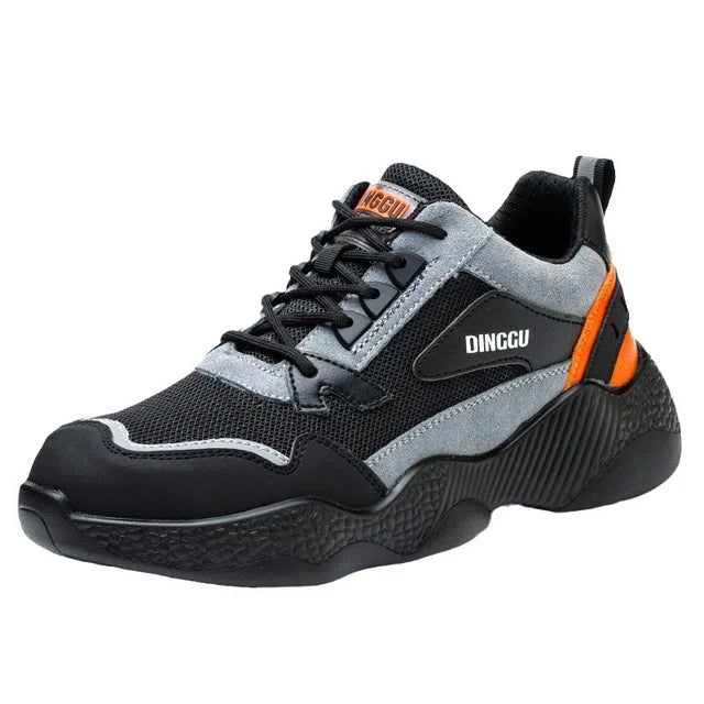 Durable men's construction safety shoes with orthopedic support, steel toe, and anti-slip sole.