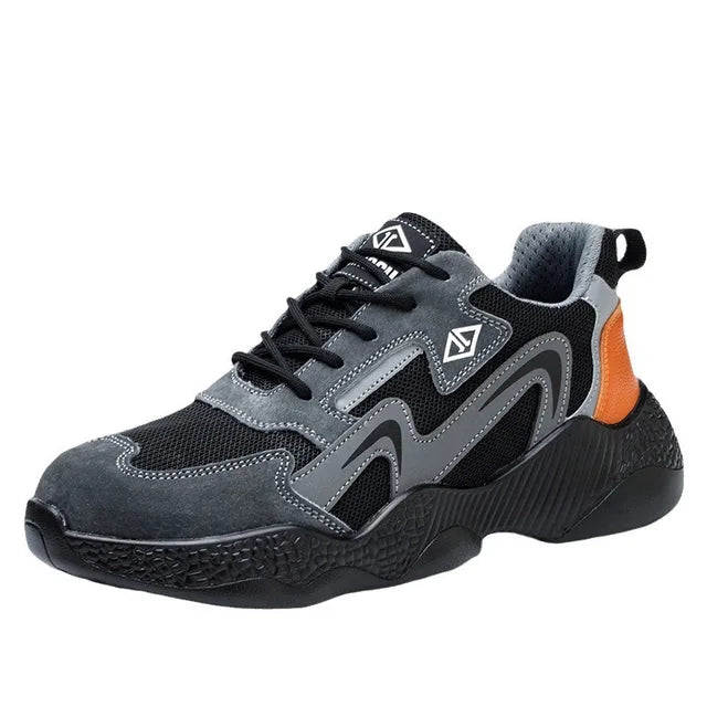 Puncture-resistant, steel toe men's safety work sneakers with anti-slip and orthopedic support.