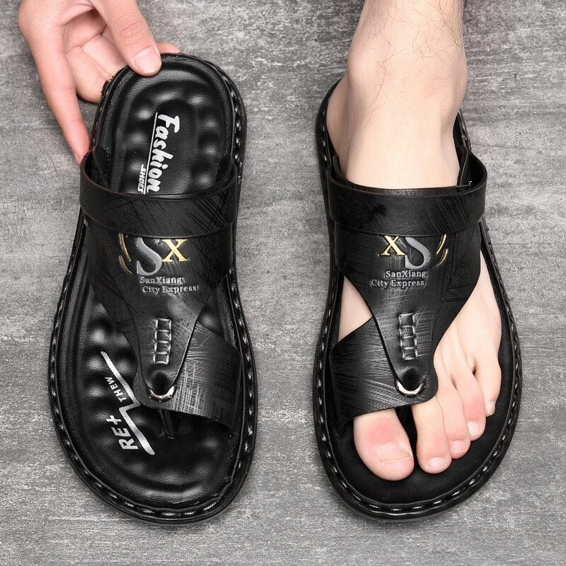 Casual men's orthopedic sandals providing arch support for plantar fasciitis and all-day comfort.