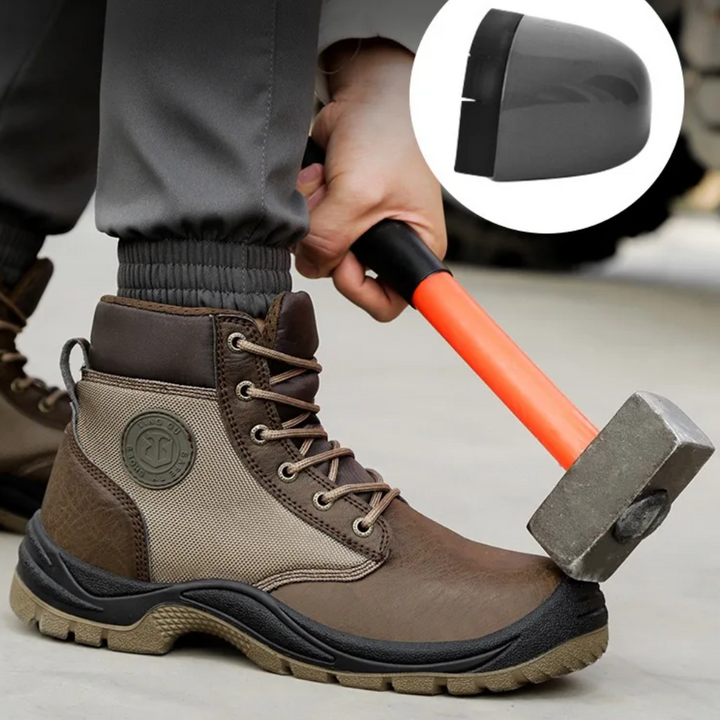 Comfortable men's work boots with orthopedic arch support and steel toe, ideal for long shifts.