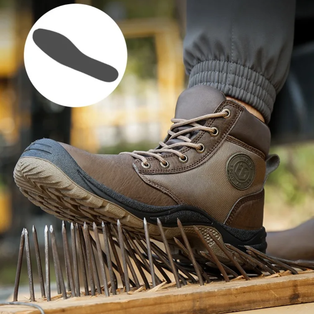 Rugged men's safety boots featuring a steel toe for impact protection & slip-resistant sole for construction.