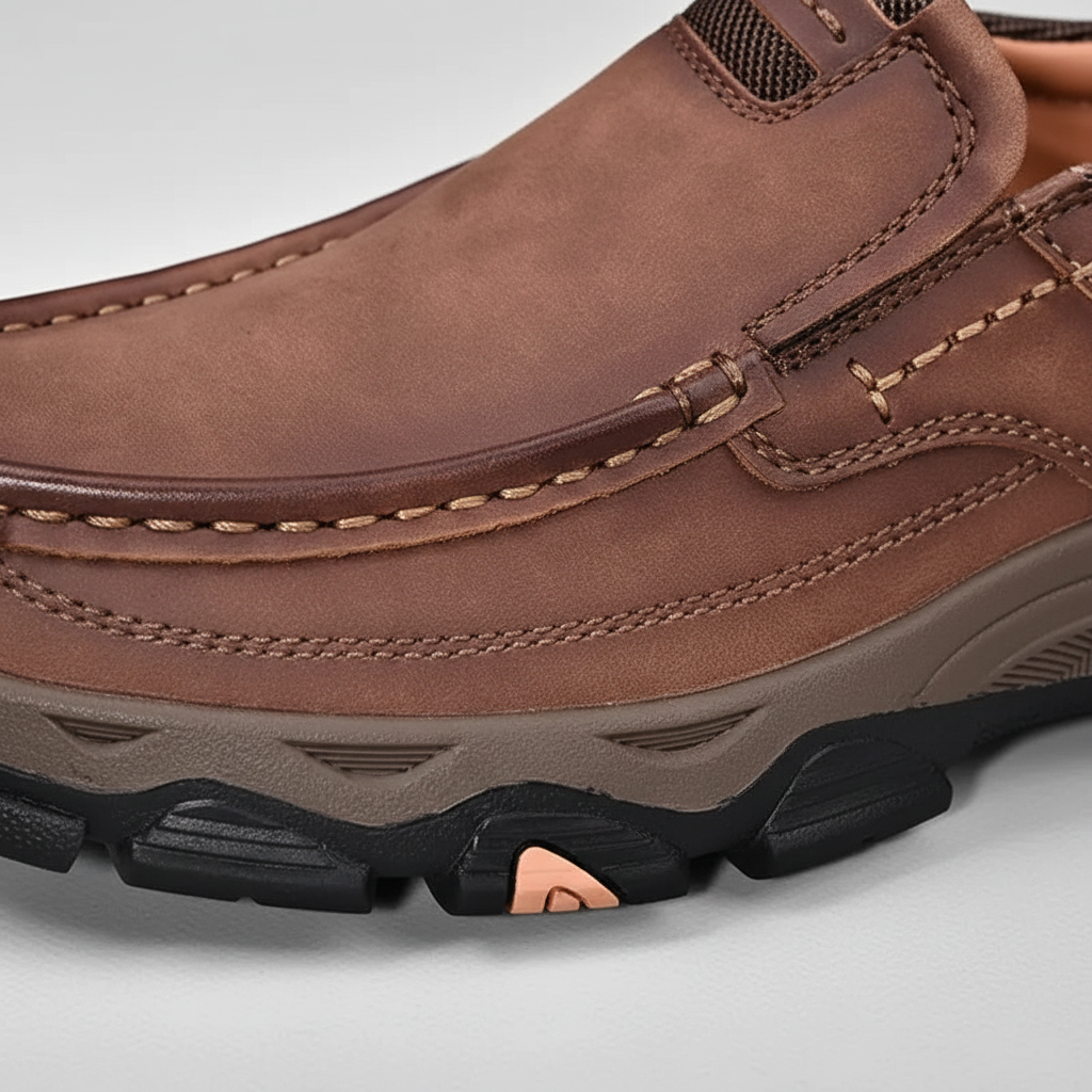 Close-up of the slip-resistant sole on men's orthopedic vegan leather comfort shoes