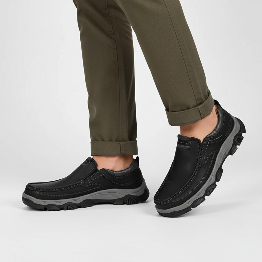 Front view of black vegan leather orthopedic shoes for men, showcasing a classic design