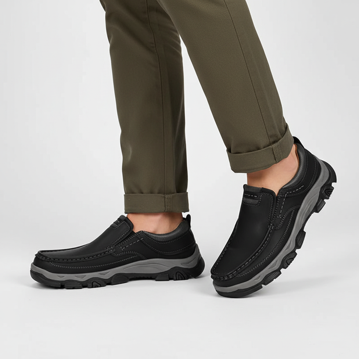 Front view of black vegan leather orthopedic shoes for men, showcasing a classic design