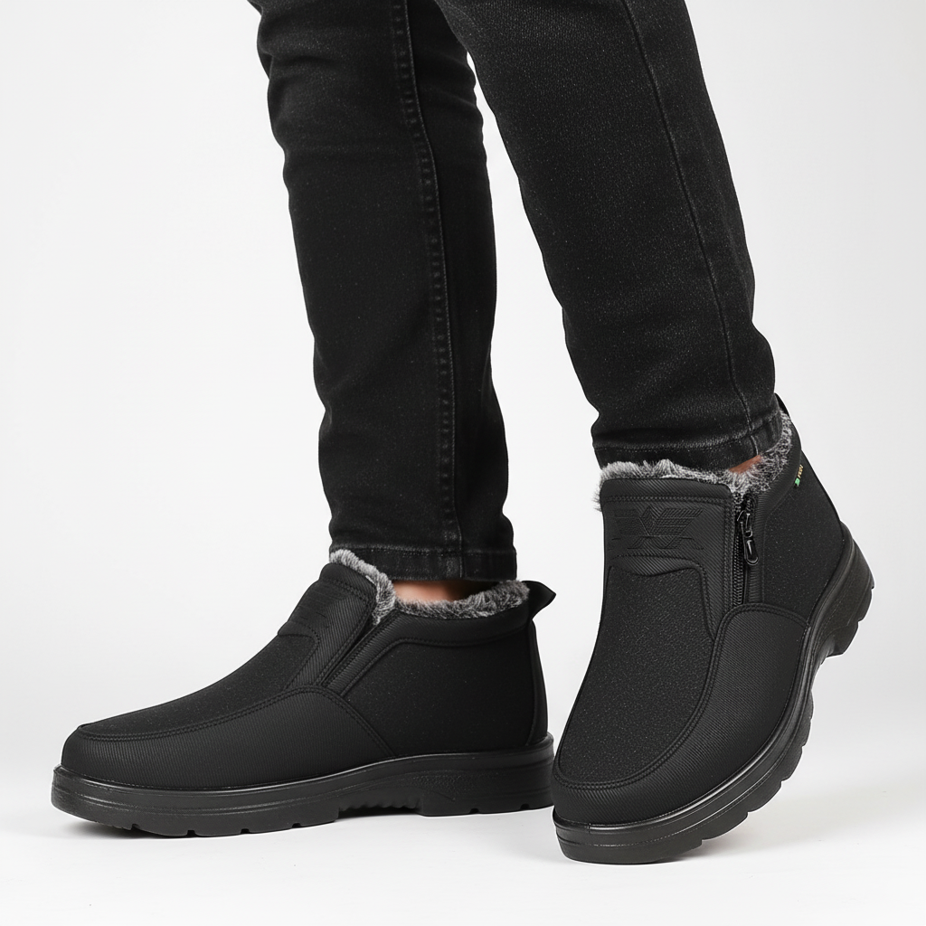 Close-up of men's waterproof winter boots, orthopedic design for comfort in snow