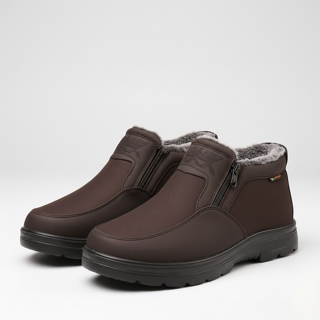 Front view of men's orthopedic footwear, warm winter boots with non-slip traction