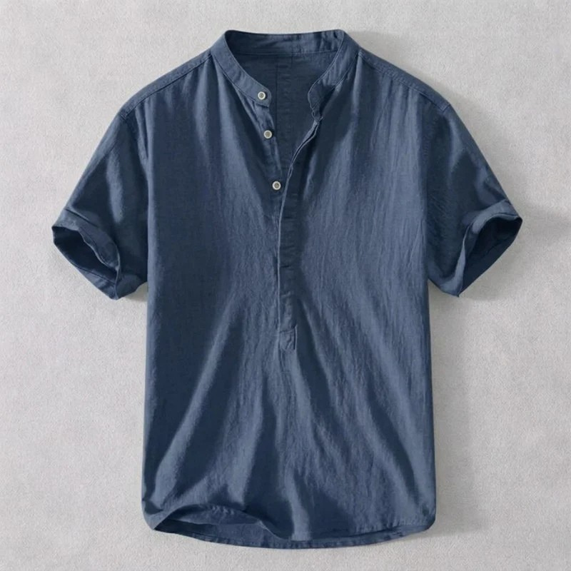 Lightweight navy blue men's Osaka button-down shirt with a relaxed fit for summer comfort.