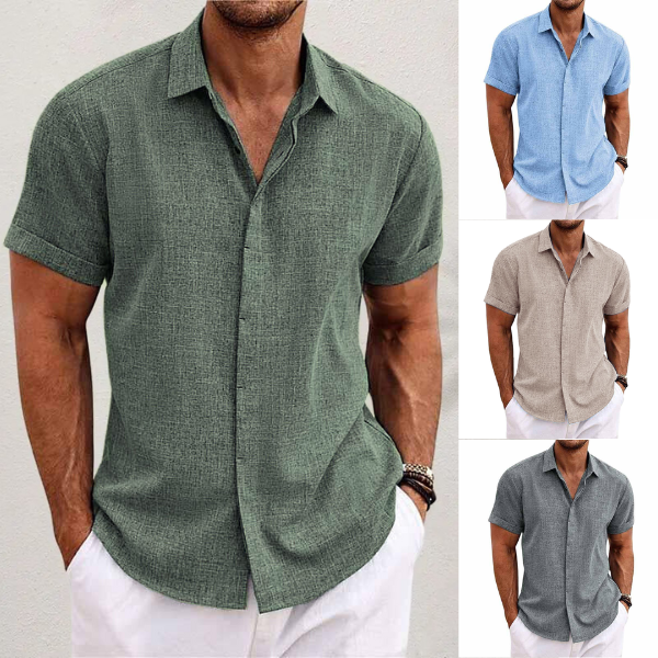 Breathable Oscar men's cotton-linen short sleeve button down shirt for warm weather