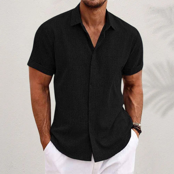 Classic Oscar men's short sleeve cotton-linen blend button-down shirt for comfort