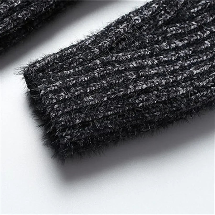 Close-up of men's ribbed roll neck sweater, highlighting cozy knit texture. Warm & comfortable for winter.