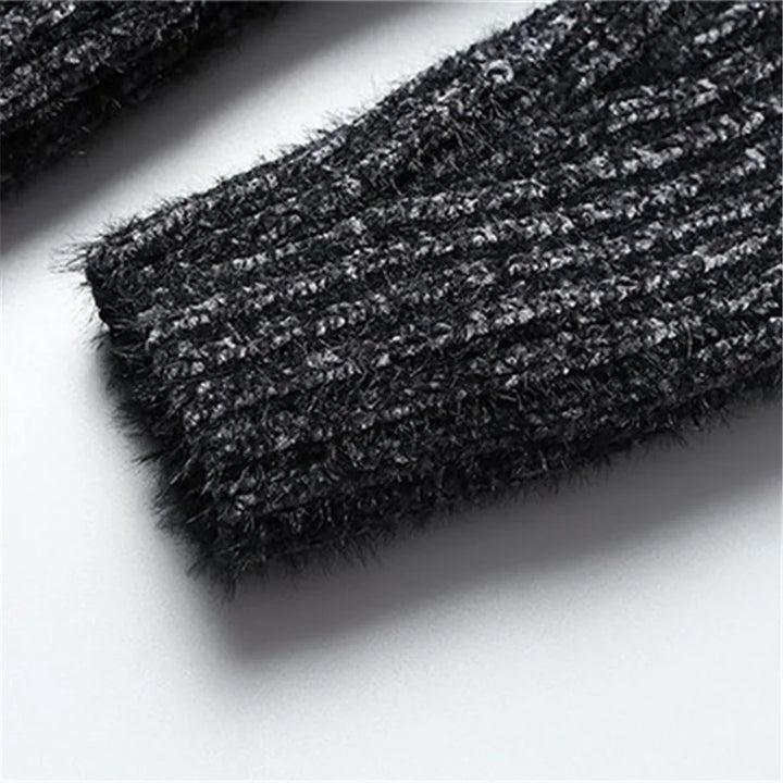 Close-up of men's ribbed roll neck sweater, highlighting cozy knit texture. Warm & comfortable for winter.