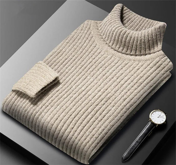 Man wearing a stylish & cozy men's Oslo ribbed roll neck sweater, ideal for autumn fashion comfort.