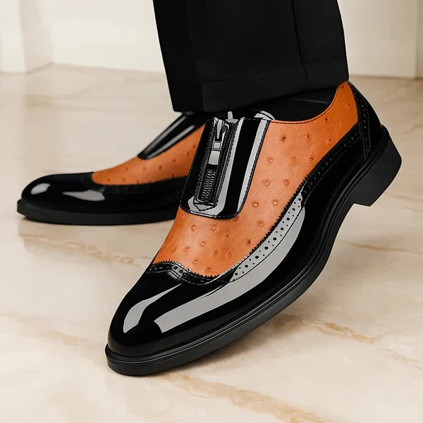 Men's ostrich texture oxford dress shoes with practical side zip for easy wear. Stylish formal footwear.