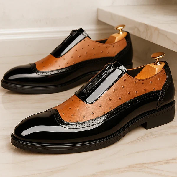 Brown men's ostrich print oxford dress shoes. Elegant formal footwear with convenient side zip closure.