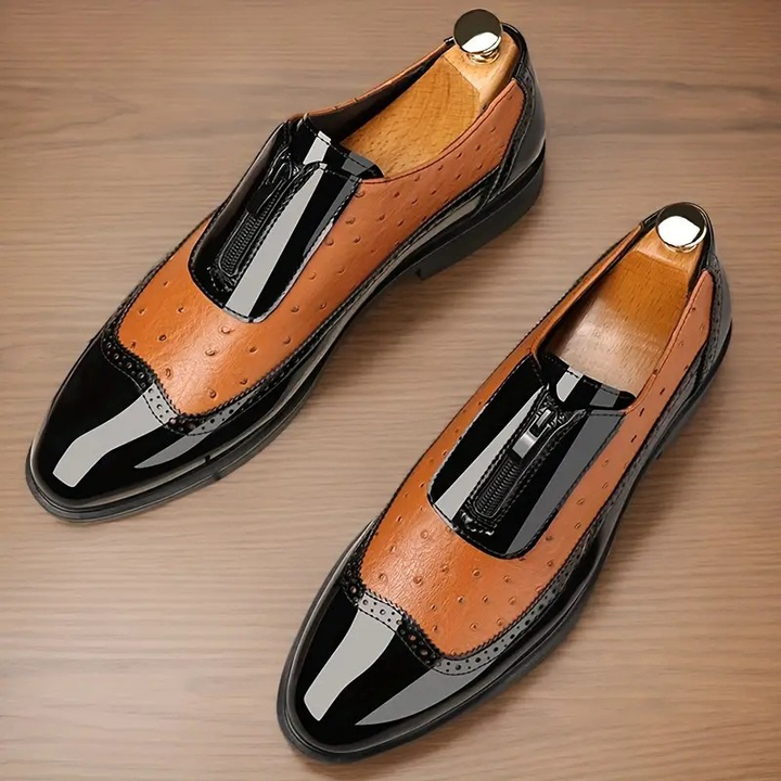 Black men's ostrich texture dress shoes. Classic oxford style with a modern side zip, perfect for formal events.