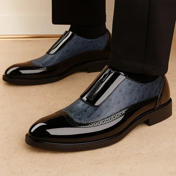 Blue men's ostrich pattern oxford dress shoes. Stylish and comfortable formal footwear with a convenient side zip.