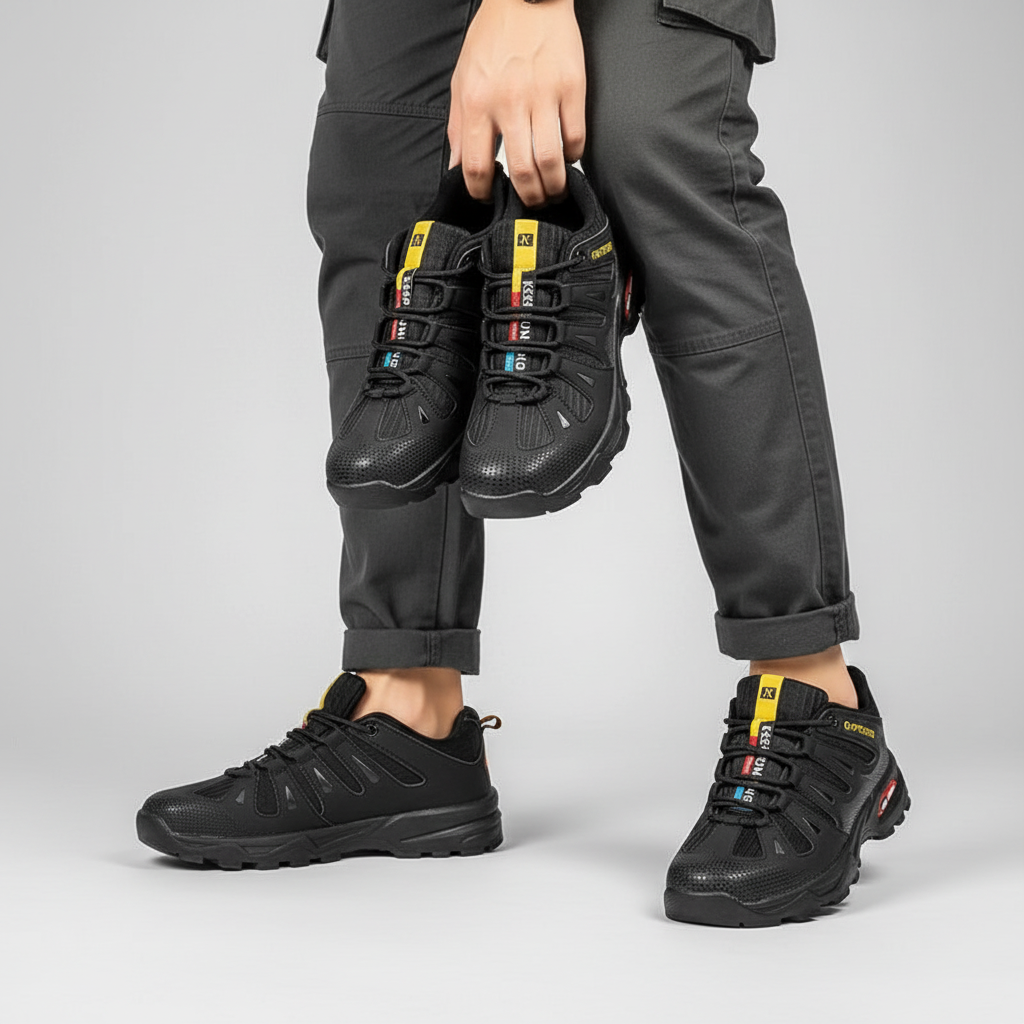 Rugged men's athletic hiking shoes with breathable mesh and strong traction outsole for trails