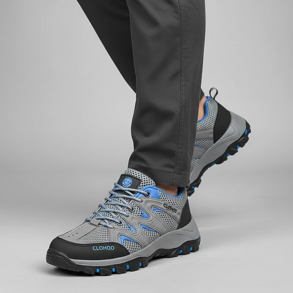Men's outdoor footwear, black trail running shoes with yellow accents, ideal for varied terrain