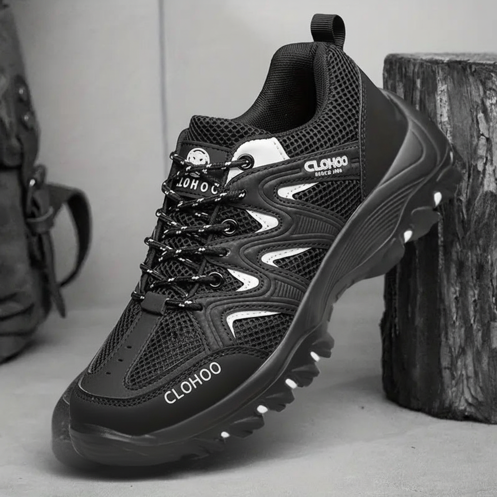 Top view of men's durable hiking and trail running shoes, ready for rugged outdoor activities