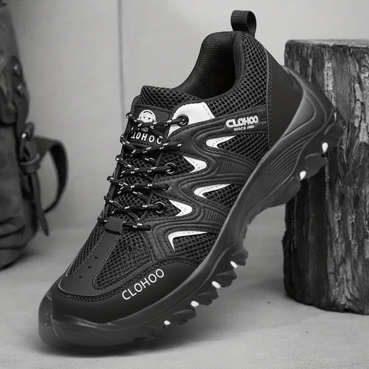 Top view of men's durable hiking and trail running shoes, ready for rugged outdoor activities