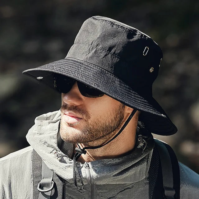 Men's outdoor polyester fishing hat with wide brim for UV sun protection, ideal for summer.