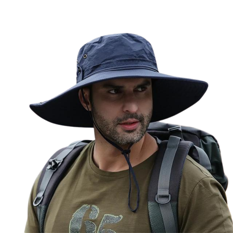 Men's outdoor summer bucket hat with chin strap. UV sun protection for hiking, fishing, beach, travel.
