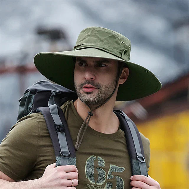 Water repellent men's outdoor bucket hat, breathable for summer adventures. Perfect for travel & beach.