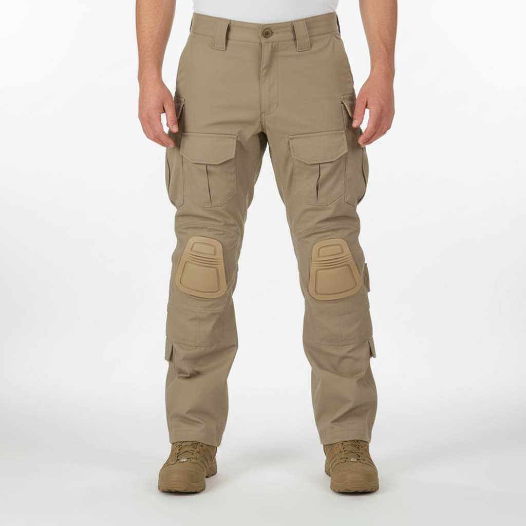High-angle view of Luis tactical mens cargo pants, showing comprehensive design with knee protection