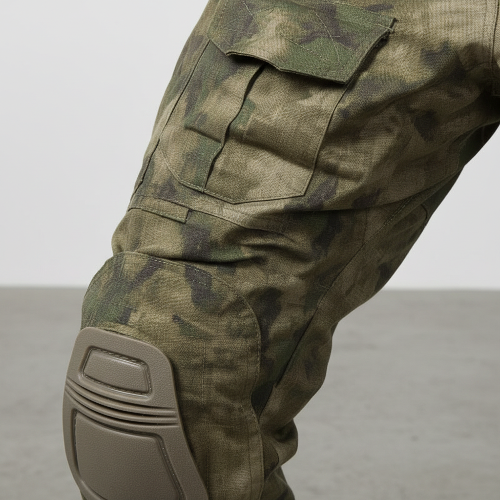 Close-up of the knee protection on Luis tactical cargo pants, showing reinforced fabric for durability