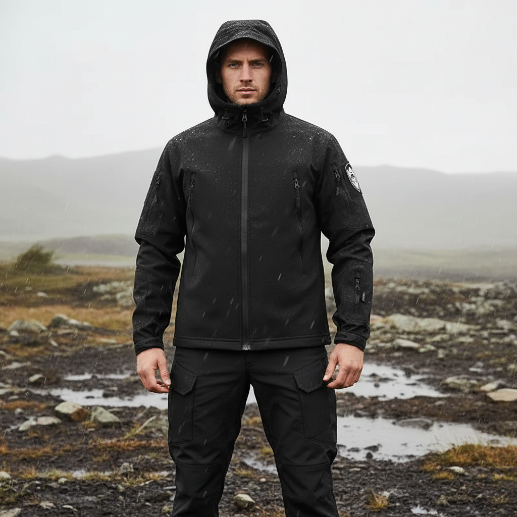Men's outdoor tactical windproof waterproof jacket and pants set in khaki, durable adventure gear