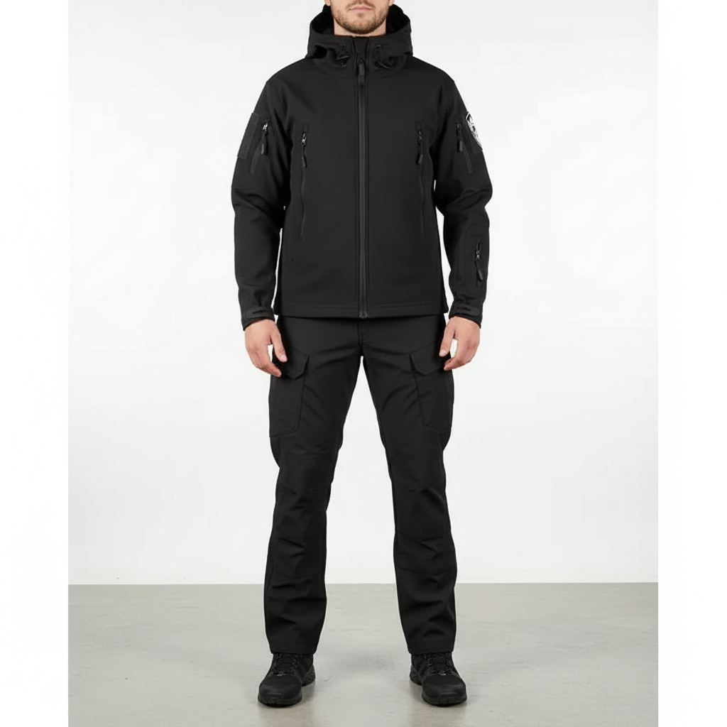 Green tactical windproof jacket and matching pants for men, durable outdoor apparel