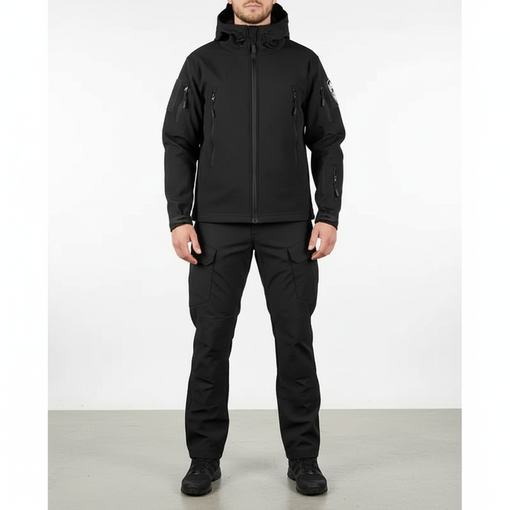 Green tactical windproof jacket and matching pants for men, durable outdoor apparel