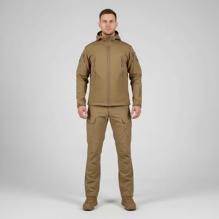 Adventure-ready men's jacket and pants set, tactical and durable in khaki green