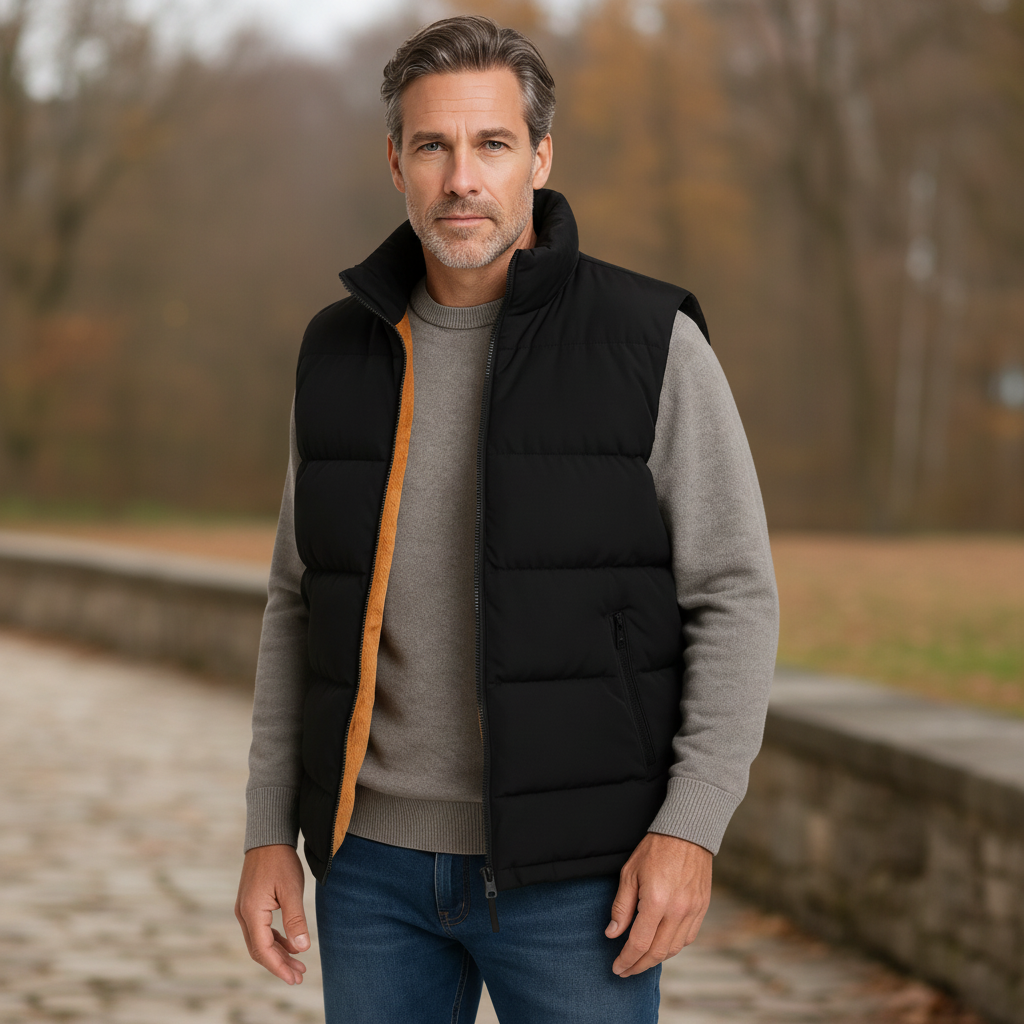 Men's outdoor thermal vest, black polyester, for winter hiking & cold weather casual wear