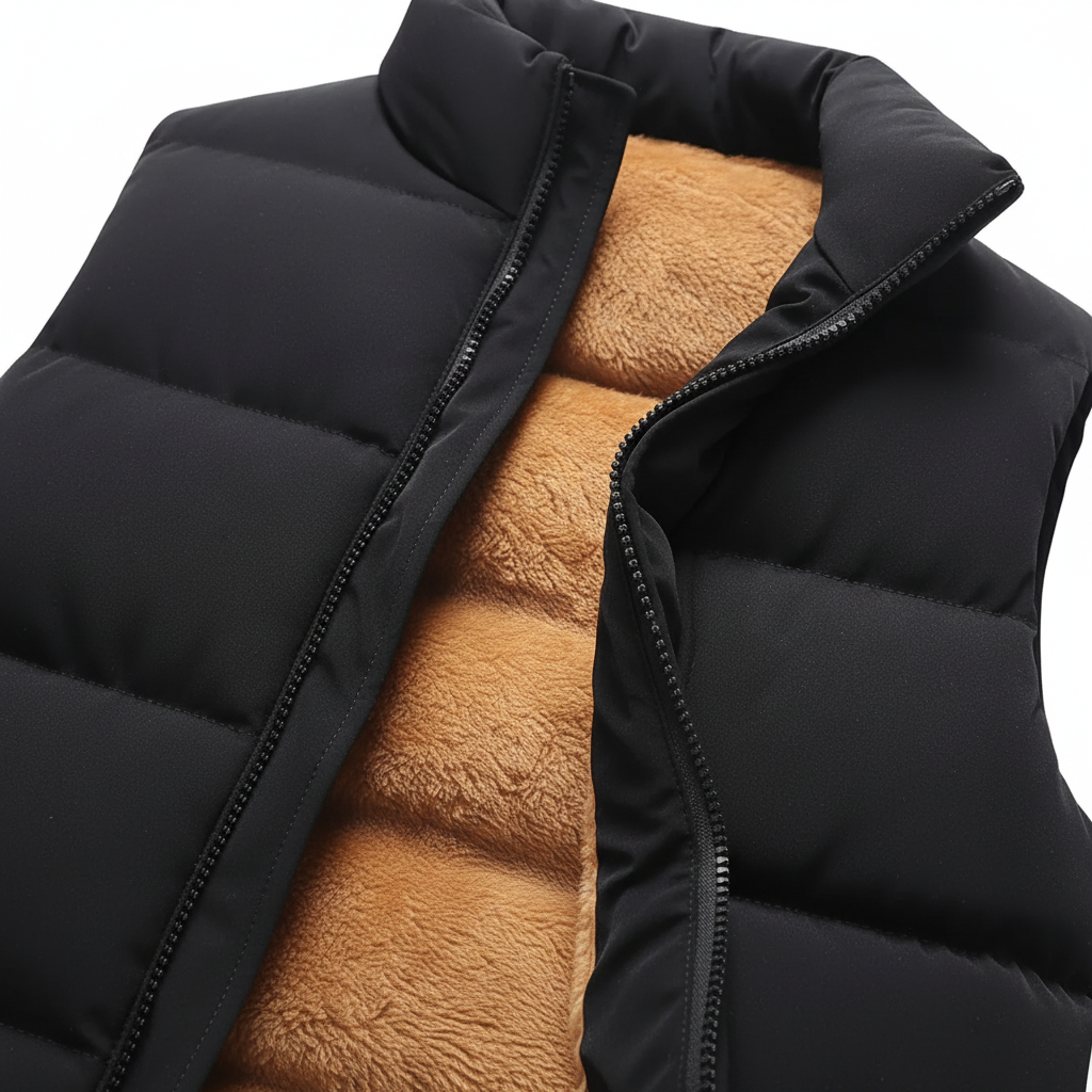 Close-up of a men's thermal winter vest, showing durable polyester fabric & zipper detail
