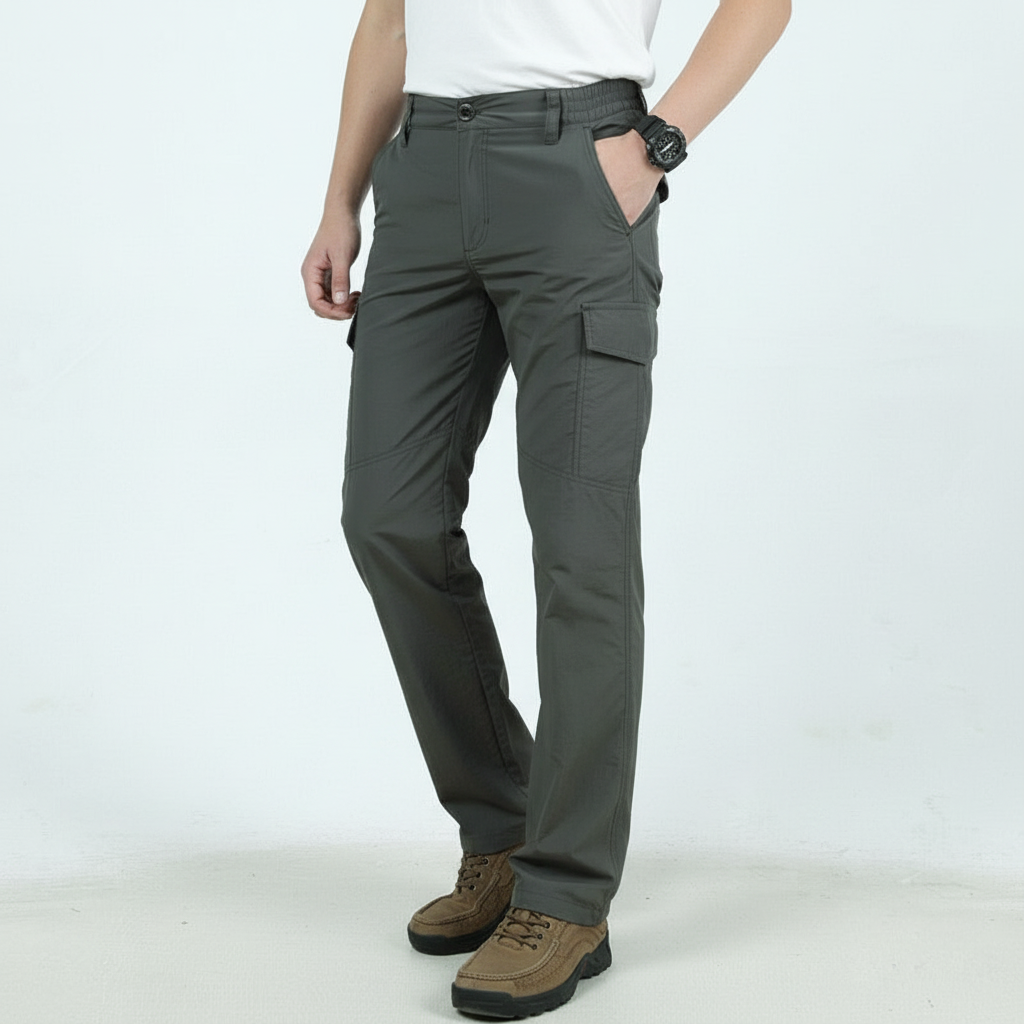 Close-up of the fabric texture of men's water-resistant cargo pants, highlighting durability.