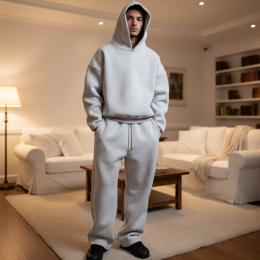Men's oversized black hoodie and joggers tracksuit set, comfortable athletic loungewear