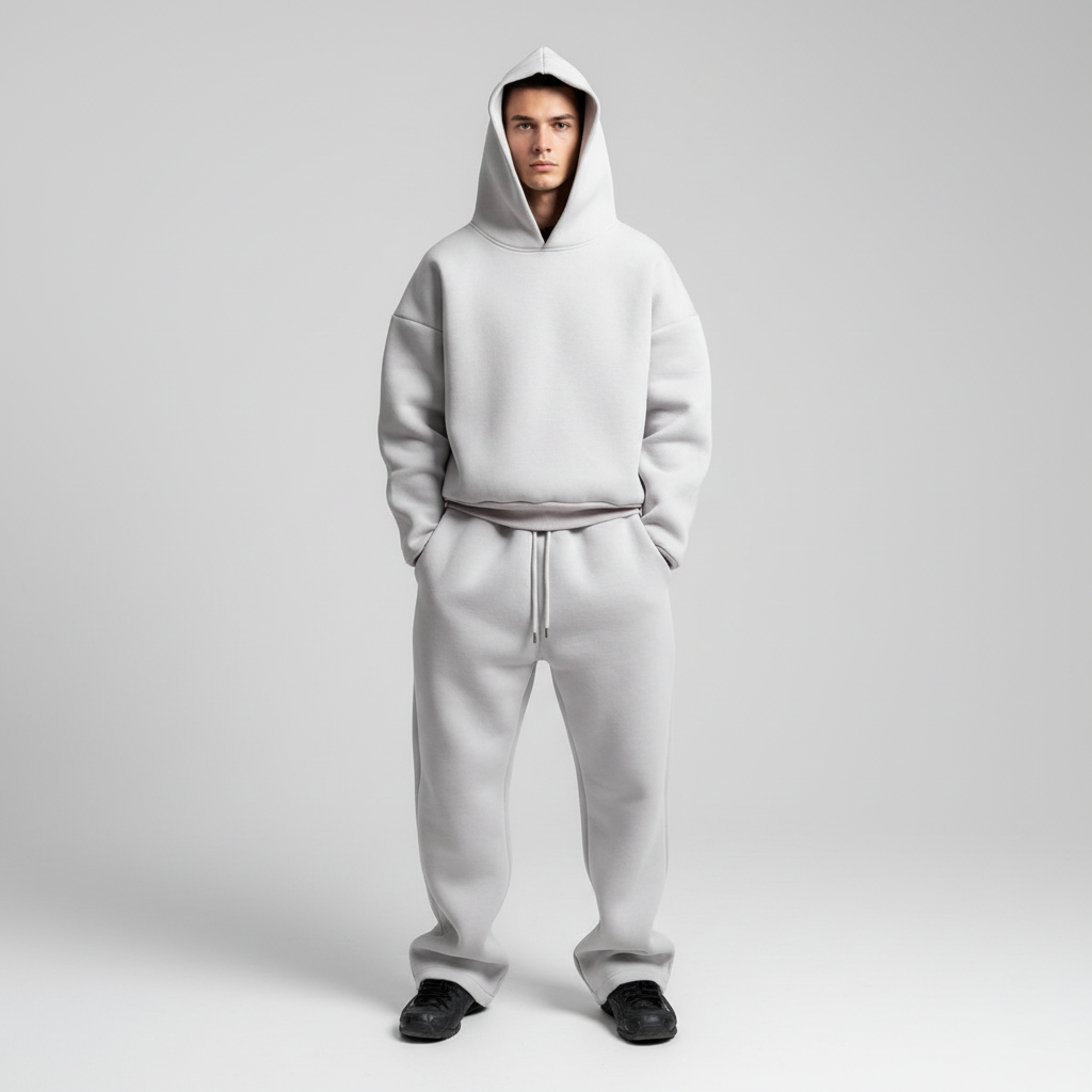 Casual grey men's oversized hoodie and joggers tracksuit for activewear or relaxation