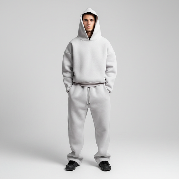 Casual grey men's oversized hoodie and joggers tracksuit for activewear or relaxation