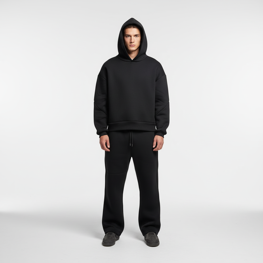 Front view of men's oversized forest green hoodie and joggers tracksuit, comfortable fit