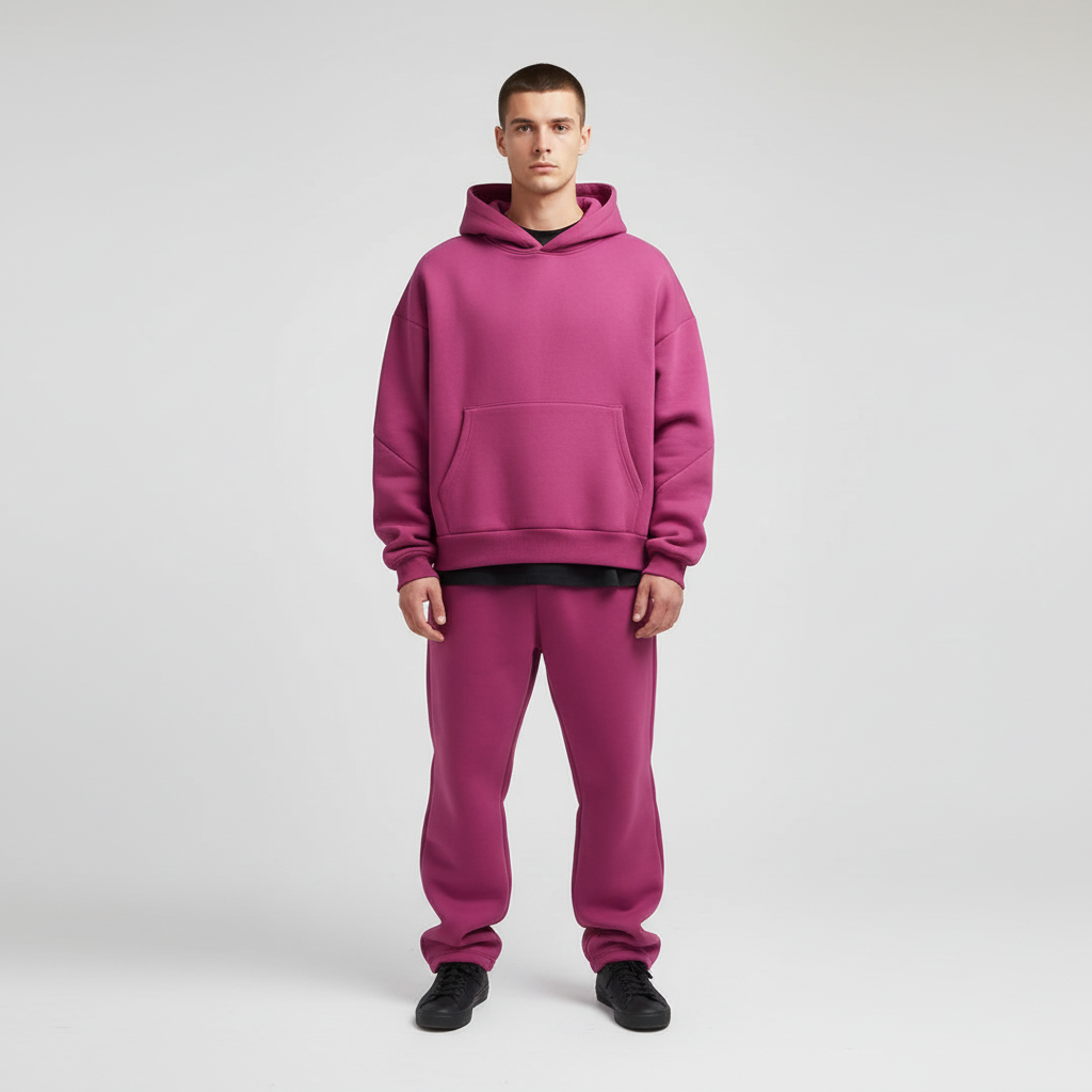 Men's oversized hoodie and joggers set in a light grey, perfect for loungewear