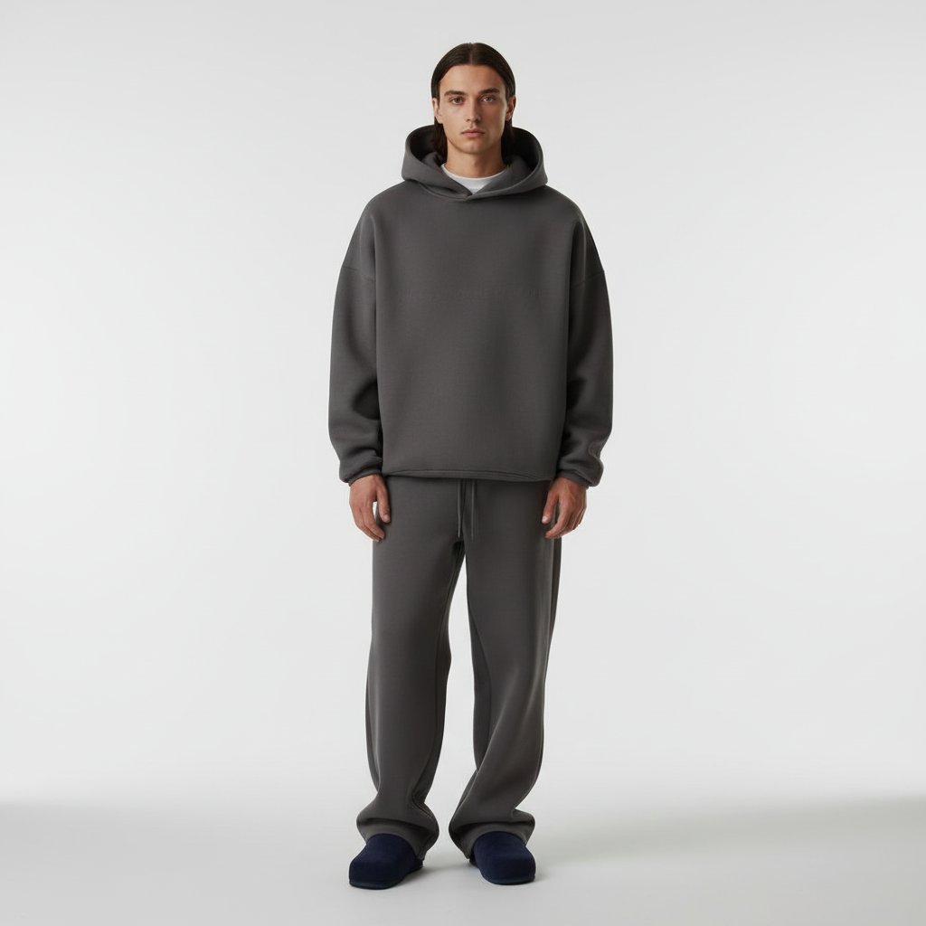 Relaxed fit men's oversized tracksuit, featuring a hoodie and joggers in a dark color